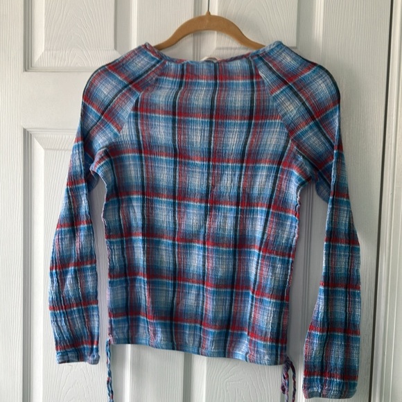 Como vintage blue red plaid crinkle peasant top long sleeve cotton small boho - Picture 7 of 7